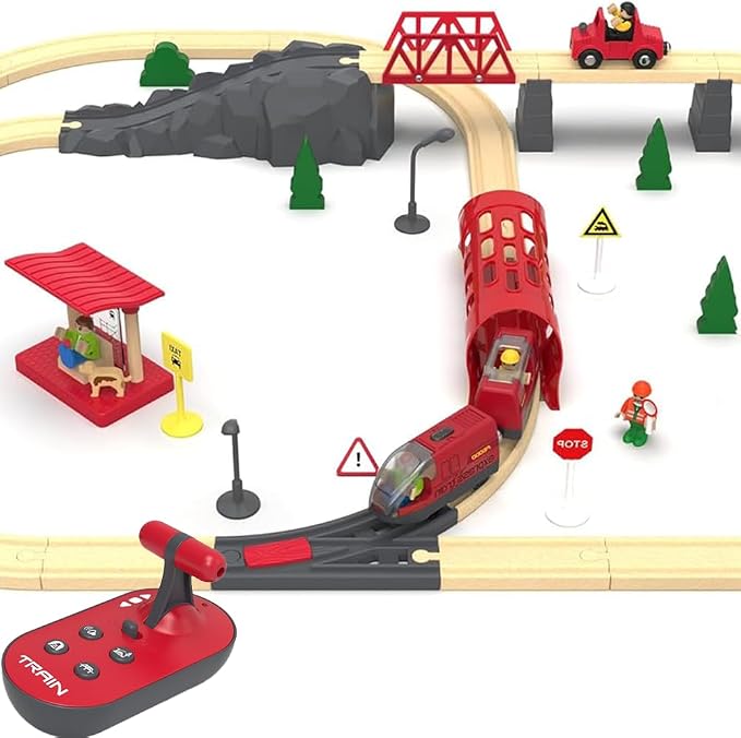 TOPLIVING Motorised Wooden Rail Train, Remote Control Train with Magnetic Connection, Battery Operated Locomotive Trains for Toddlers, Compatible with Thomas, Brio, Chuggington (Red)