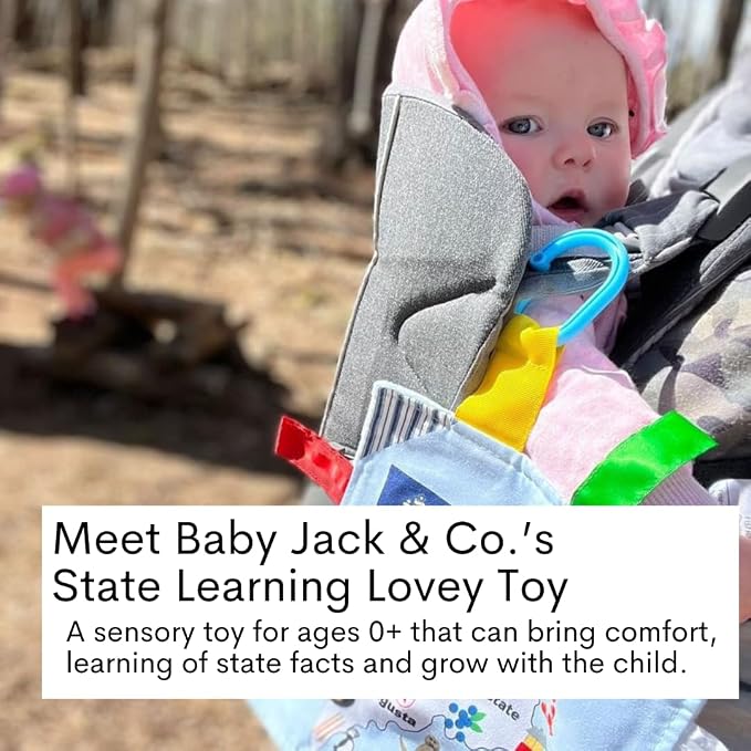 Baby Jack & Co 8x8” Learning Lovey Ohio State Tag Stroller Toy for Babies - Crinkle Toys for Developing Five Senses - Learn About Capitals - Travel with Baby Jack - BPA Free Clip
