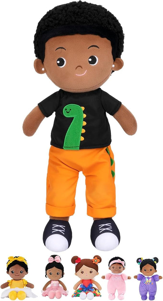 OUOZZZ 12.6" Black Boy Baby Doll - Toys for 1 Year Old Gifts African American Doll Birthday Gifts for 1 Year Old Boy Plush Toys Gift for Toddler Kids Dinosaur