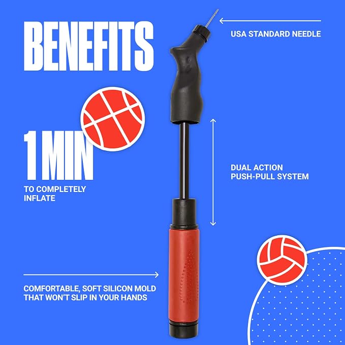 SPORTBIT Ball Pump for Sports Balls - Push & Pull Inflating System - Hand Pump for Exercise Balls - Volleyball Pump, Basketball Inflator, Ball Air Pump - Goes with 5 Needles Set
