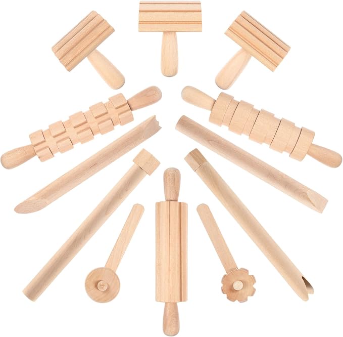 NUOBESTY Wooden Clay Tools Kids Wood Stamps Hand Rollers Plasticine Tools Pottery Molding Clay Accessories for Art DIY Crafts Activities 12pcs