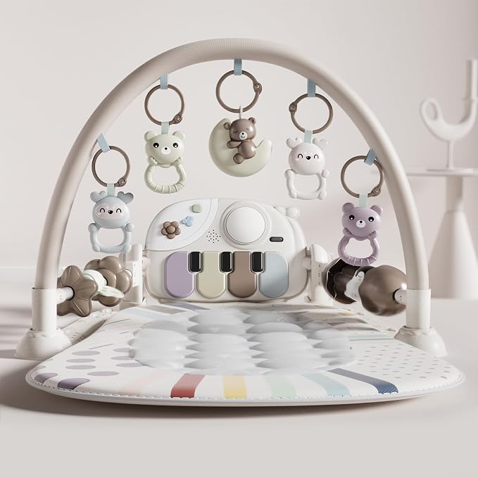 Jovow Baby Gym Play Mat with Detachable Musical Piano, Light Up Activity Center with 4 Rattles & Glowing Night Light, Educational Sensory Toys for Newborns 0-12 Months
