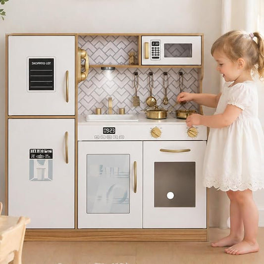 Wooden Play Kitchen Toy Set with Light, Kids Children Pretend Toy Kitchen Playset, Sink Play Toy Oven with Microwave,Toddler Cooking Set Toy for Ages 3+