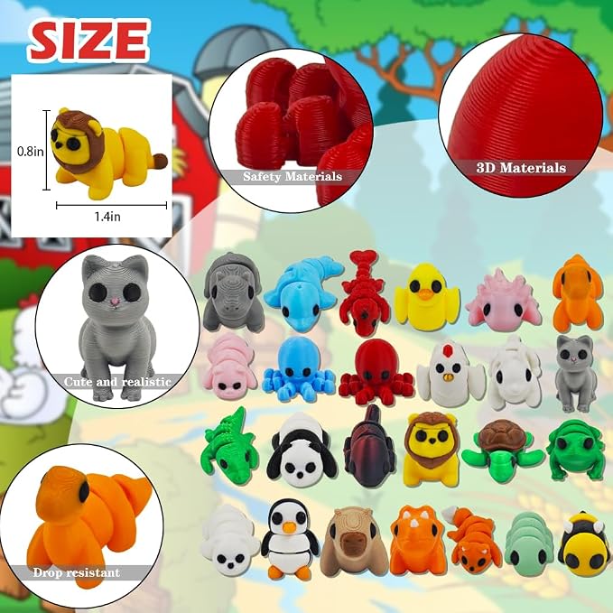25 pcs Animal Figurines, 3D Printed Animal Figurines Set, Articulated, Party Favors, Pocket Fidget Toys Bulk, Goodie Bag Stuffers, Gifts for Boys Girls Toddlers, Classroom Rewards