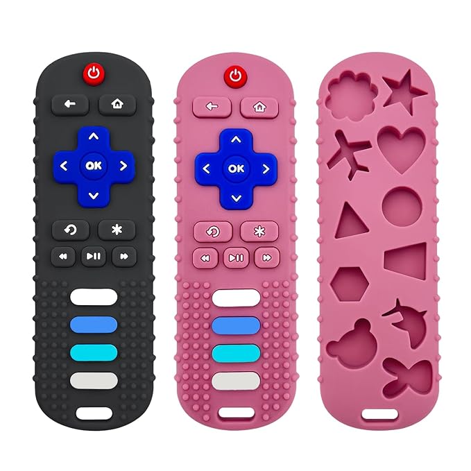 2-Pack Silicone Teething Toys for Baby, TV Remote Chew Toy Teethers for 3-6 Months, Baby Sensory Toys for 6 to 12 Months, TV Remote Control Toys for Boys and Girls (Black+Pink)