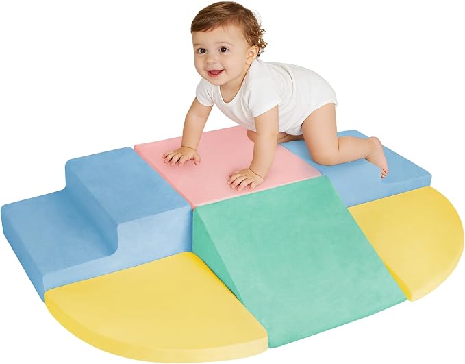 Soft Climbing Toys for Toddlers 1-3, 6-Piece Foam Climbing Blocks Set with Washable Cover, Colourful Indoor Active Play Structure for Kids, Modular Crawling and Sliding Gym for Baby