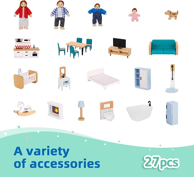 OOOK Wooden Dollhouse for Kids, Doll House with Simulated Luxury Furniture Set, Dollhouse Playset for Girls Toddlers (Including 4 Family Dolls and a Dog)