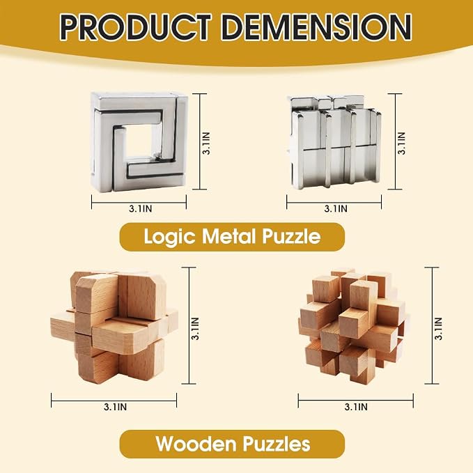 9PCS Brain Teaser Puzzles for Adults, Mind Puzzle Ancient Wooden and Metal Puzzles 3D Unlock Interlock IQ Puzzle Box Game for Adults