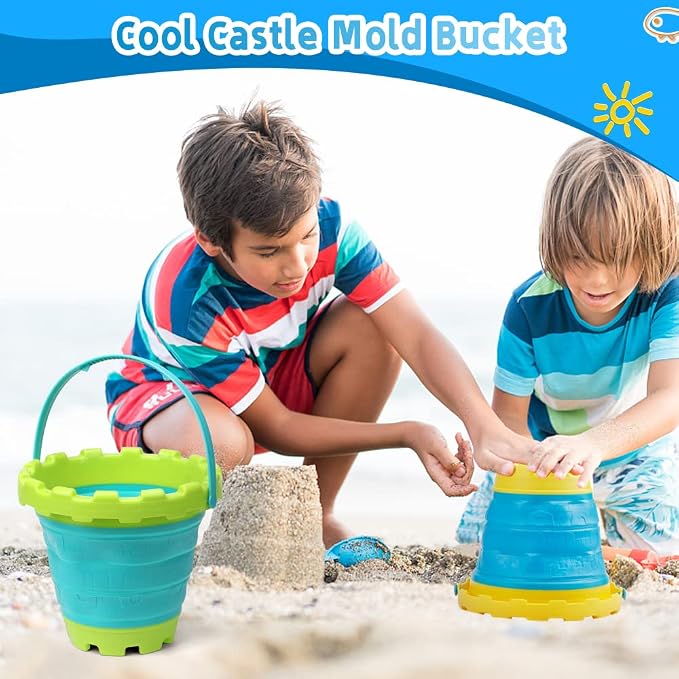 Jumbo Sand Beach Bucket Toys for Kids, Large Fodable Bucket with Mesh Bag, Silicon Travel Collasible Pail Toys For Sand Snow Fun, Sanbox Toy Garden Tools Perfect for Beach Snow Backyard Gifts 3 PACK