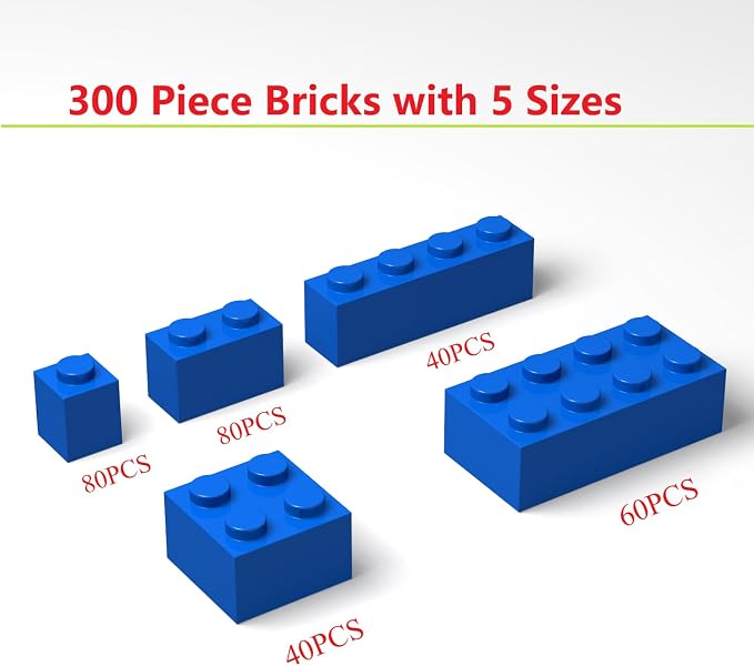 300Pcs Building Brick Bulk, Blue Bulk Bricks with 5 Sizes, Compatible with Lego and Parts and Pieces, Creative Building Block Toys for Boys Girls Ages 6 7 8 9 10 Years Old