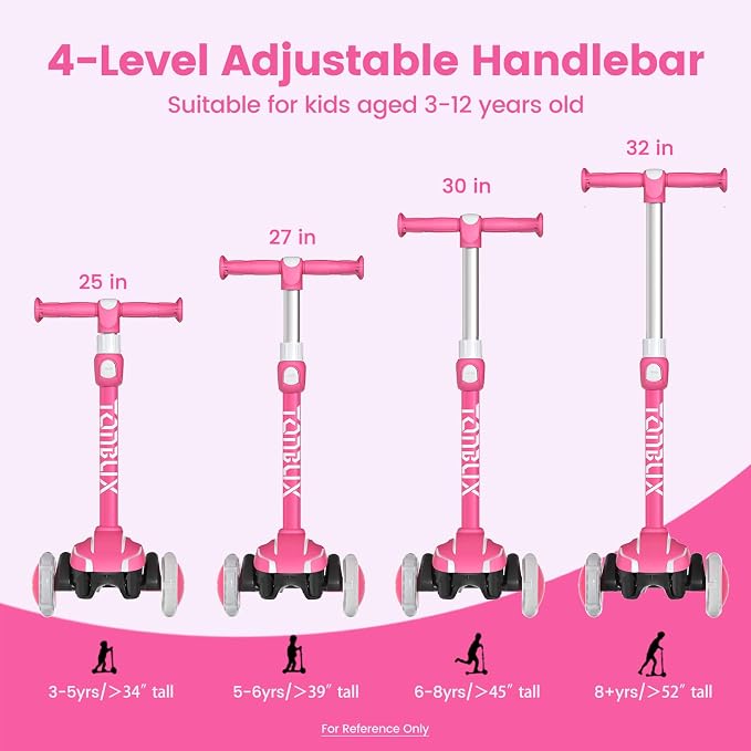 TONBUX Kids Scooter for Age 3-12, Toddler Scooter with 4 Adjustable Heights, Light Up 3-Wheels Scooter, Shock Absorption Design, Lean to Steer, Balance Training Scooter for Kids