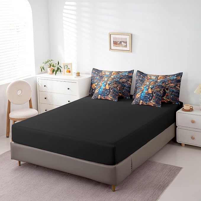 Feelyou Guitar Comforter Set with Sheets Full Size Rock Music Bed in a Bag for Boys Girls Teens Blue Brown 7 Pieces Bedding Set Soft Lightweight Microfiber