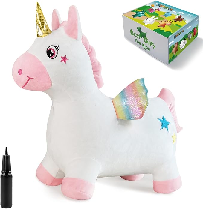 Unicorn Bouncy Horse Toys for 2 Year Old Girl, Inflatable Ultra Thick Plush Horse Hopper, Ride on Rubber Jumping Toys for Baby Girl or Boy 1st Birthday Gift for 2 3 4 Year Old (Pinkish White Unicorn)