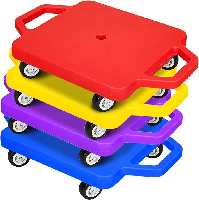 4 Pcs Sports Scooter Board with Handles Sitting Scooter Board Colored Plastic Casters Sport Floor Scooter Board Children Gym Indoor Outdoor Activities Play Equipment