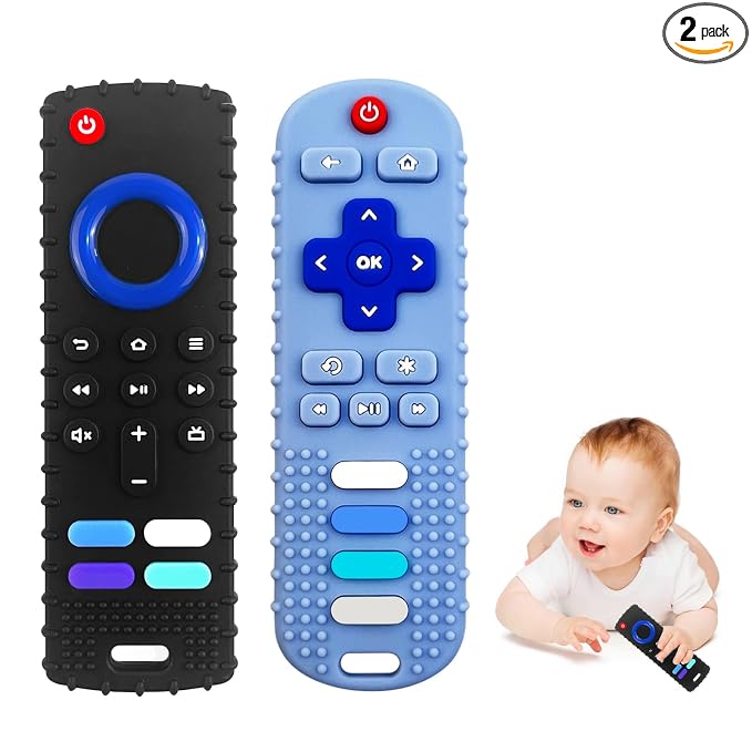 2-Pack Silicone Baby Teething Toys, TV Remote Teethers for 6-12-18 Months Infant, Fire Stick Remote Control Shape Baby Silicone Teethers, Chew Toys for Boys and Girls (New-F Black+R Blue)