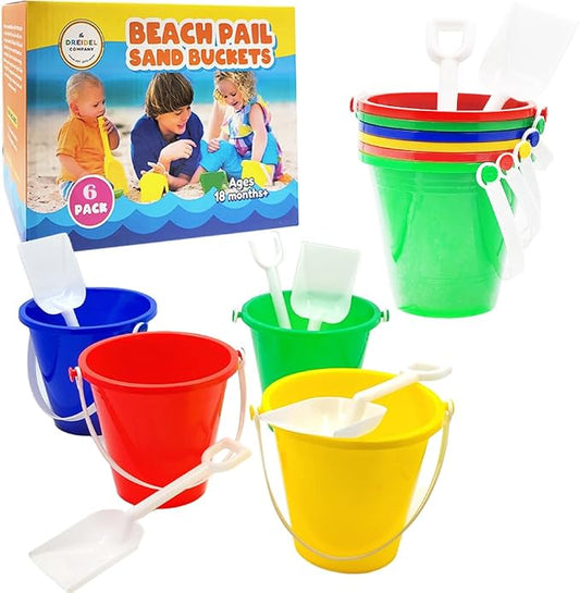 The Dreidel Company 6-Count Beach Day Playsets 5.25" Inch Sand Bucket Play Set Box Includes, Pail & Shovel Sand Toy for Boys and Girls Birthday Party Favor