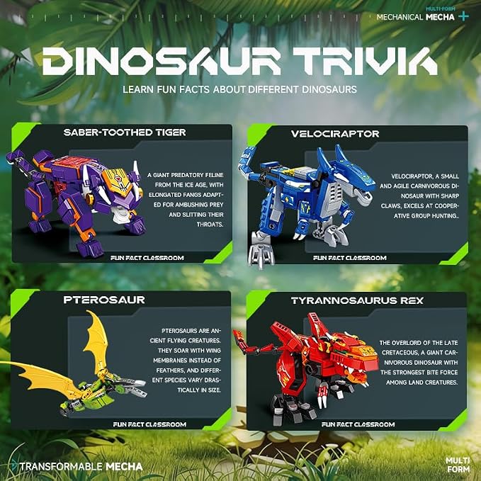 4-in-1 Dinosaur Mecha Robot Building Block Set, 4 Animal Shapes Transformable Mech, Cool Creative Robot Toy Gift, Suitable for Boys & Kids Over 6 Years Old(904 PCS)