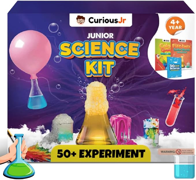 Junior Science Kit for Kids Ages 4-8, 50+ STEM Experiment Kit with Color Mixing, Fizzy Reactions & Surprise Activity, Educational DIY Science Toy, Learning Gift for Boys & Girls