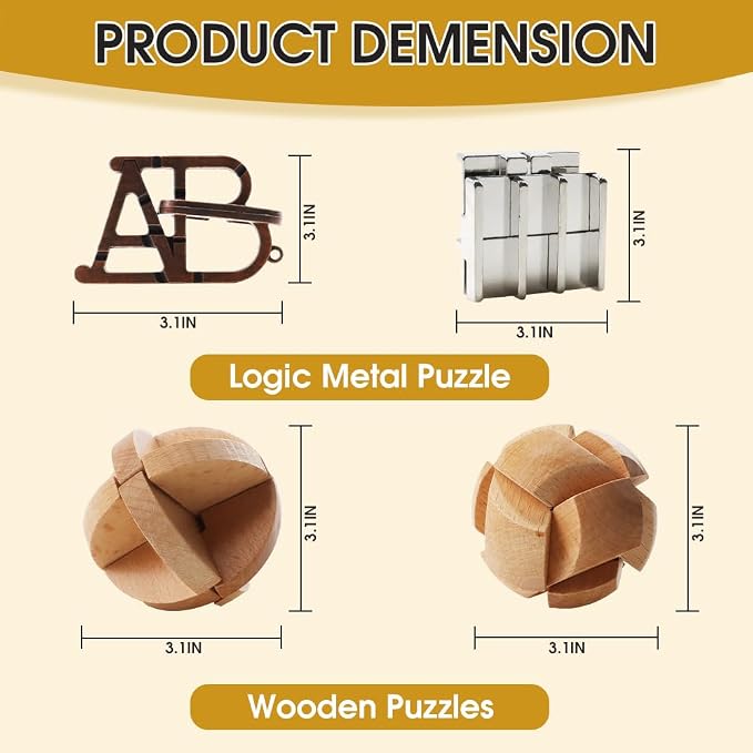 8PCS Brain Teaser Puzzles for Adults, Mind Puzzle Ancient Wooden and Metal Puzzles 3D Unlock Interlock IQ Puzzle Box Game for Adults