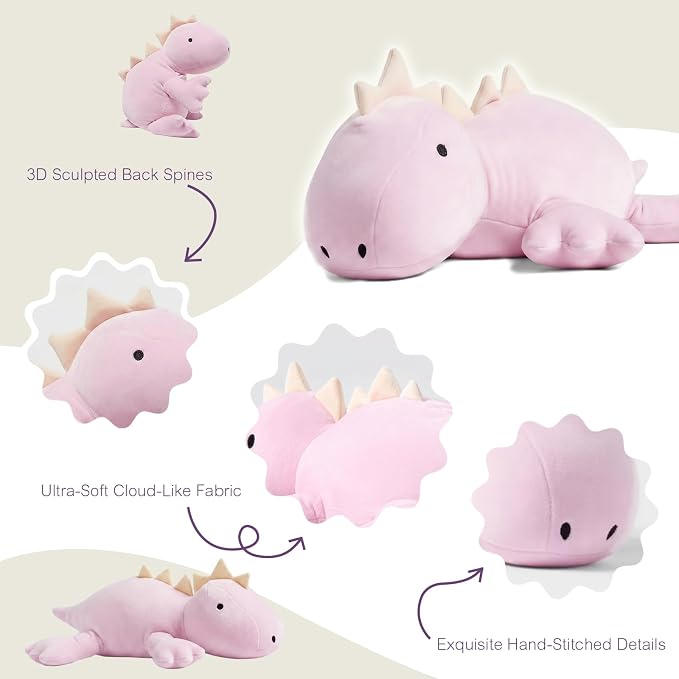 OSOCU® Microwavable Heating Pad Purple Stegosaurus Plush - 1.4 Lb Weighted Stuffed Animal Toy with Tourmaline Beads & Lavender - 16" Squished Long Dinosaur Pillow - Lumbar Back Cushion Lasting Warmth