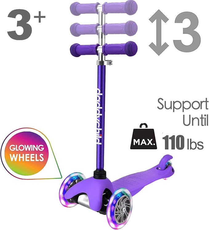 3-Wheel Kick Scooter for Kids Ages 3-8 Lean-to-Steer Toddler Scooter with Extra Wide Light Up Wheels, 4 Adjustable Heights, Foldable Scooters for Boys & Girls, Max Weight 110lbs