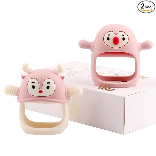 Smily Mia Baby Teething Toy |Penguin Teether for 0-6Months |Reindeer Baby Chew Toys for 3m+, Soft Silicone Hand Teether |Teething Mitten for Teeth Pain Relief, Newborn Essentials Gift Box, Light Pink