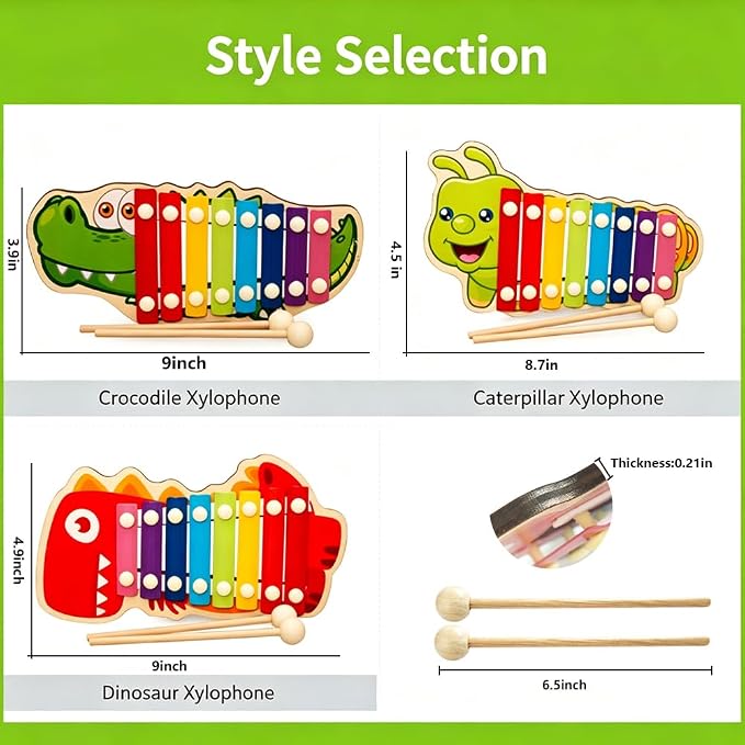 Xylophone for Toddlers, Animal Shape Wooden Baby Xylophone with 8 Scales and 2 Mallets,Colorful Kids Musical Instrument Educational Montessori Toys (Caterpillar)