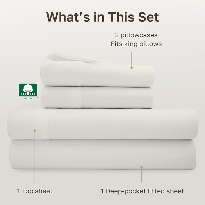 California Design Den Soft 100% Cotton King Sheet Set, 400 Thread Count Good Housekeeping Award Winner, Silky Sateen Weave with Deep Pockets, Long Staple Cotton Bed Sheet Set - Ivory (Pale Tone)