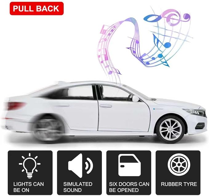 WAKAKAC Toy Cars Compatible for 1:24 Accord Model Cars, Pull Back Die-cast Vehicles with Sounds＆Lights for Kids Boys Girls and Adults, Gift White