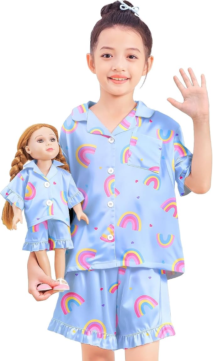 ICOSY Matching Doll & Girls Silk Pajamas Satin Pjs for Girls Button-Down Top and Shorts for 18" Doll Girl Clothes