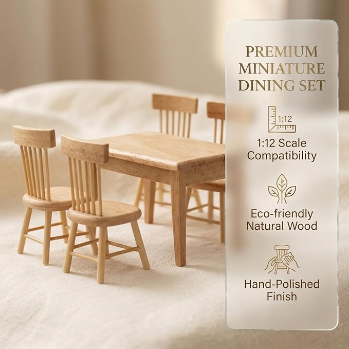 Z MAYABBO Wooden Dollhouse Furniture of Table & Chair, Miniature Dollhouse Accessories of Dining Room Accessory - 1/12 Scale