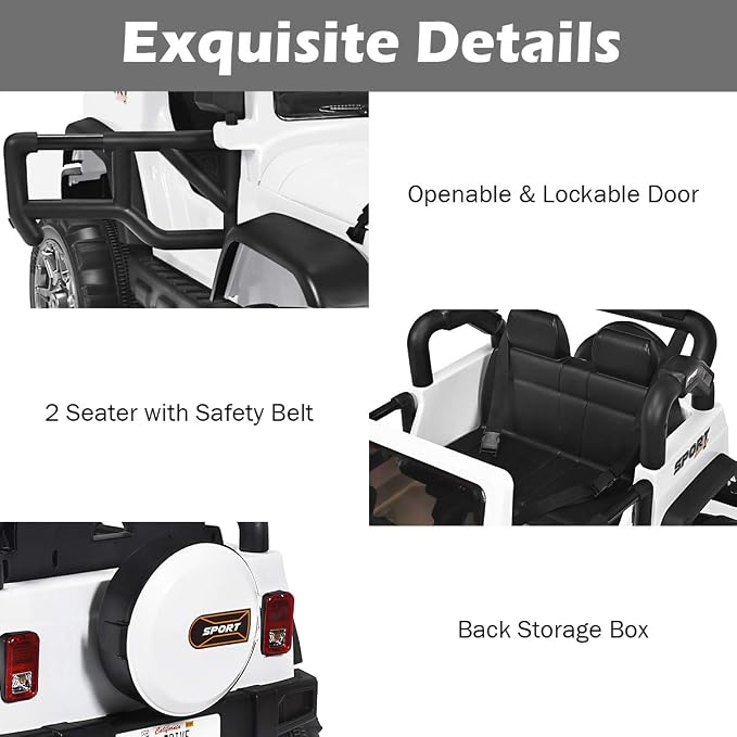 Costzon 2-Seater Ride on Truck, 12V Battery Powered Electric Vehicle Toy w/Storage, Remote Control, 3 Speed, LED Lights, MP3, Horn, Music, 2 Doors Open, Spring Suspension, Ride on Car for Kids(White)