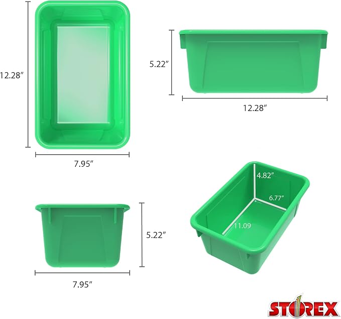 Storex Small Cubby Bins – Plastic Storage Containers for Classroom with Non-Snap Lid, 12.2 x 7.8 x 5.1 inches, Green, 5-Pack (62409A05C)