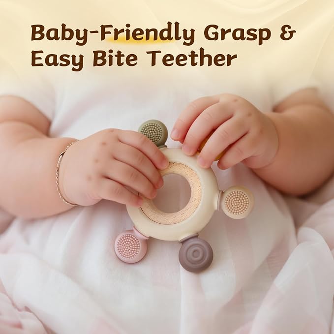 3 Packs Teether Rings for 0-6 6-12 Months Babies, Teething Toys with Pacifier Clip Holder, Baby Chew Toys for Sucking Needs, Baby Essentials