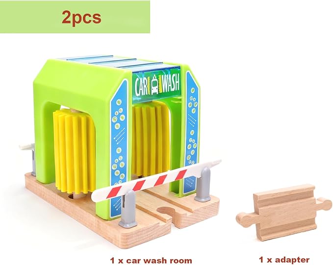 Car Wash Toy for Wooden Train Set Accessories,Wooden Train Washing Station Playset for Toddlers,Compatible with Thomas, Brio, Chuggington