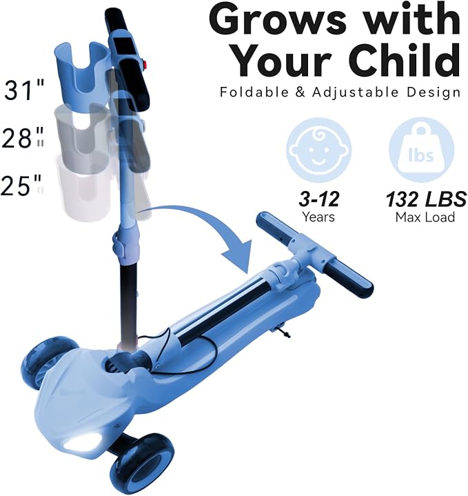 3 Wheel Electric Scooter for Kids Ages 3-10, w/Storage Basket, LCD Screen, Full Body Lights Up, Wide Deck, 5Mph Safe Speed, 90min Riding, Balance Foldable Kick Scooter for Boys & Girls