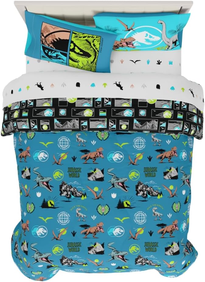 Jurassic World Kids Bedding Super Soft Cozy Reversible Microfiber Comforter and Sheet Set with Sham, 7 Piece Full Size, (Officially Licensed Product) By Franco