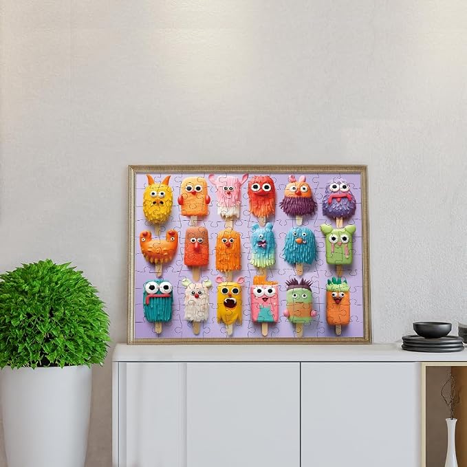 100 Piece Donuts Jigsaw Puzzle for Kids Teens Age 4-8 Gift Family Time Unique Shapes Cute Monsters Puzzle (Popsicle Monsters)