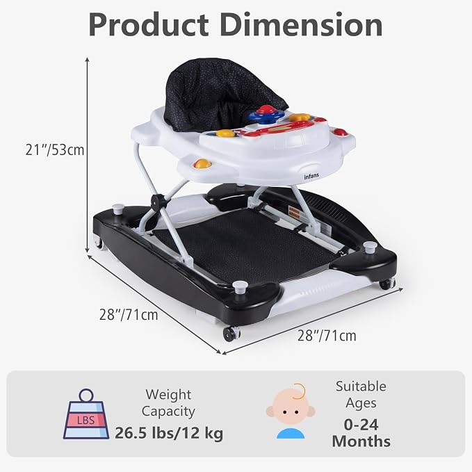 INFANS Baby Walker, 5 in 1 Behind Walker Learning Seated Rocker Bouncer with Removable Music Tray, Adjustable Height, Washable Seat Cushion, Foldable Activity Center for Toddlers (Dark)