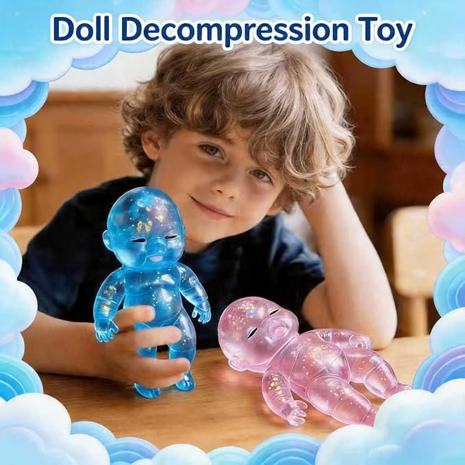 Shiny Baby Doll Soft Rubber Stress Relief Toy – Glowing Stress Ball – Cute Maltose Doll – Stress Relief Toy for Teens and Adults; Party Gift; Soft Toy for Anxiety Relief (Blue)