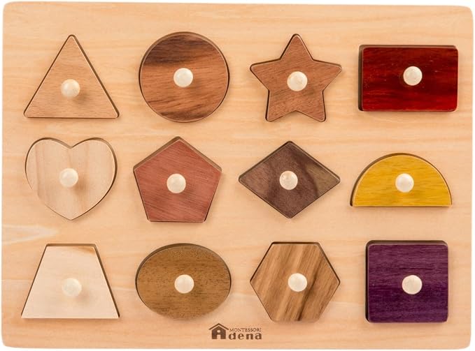 Montessori Toys for Toddlers 18M+, Wooden Shape Peg Puzzles for Kids 2 3 Years Old, Baby Puzzle Board with Knob & Classic Color, Preschool Educational Learning Toy‒Shape Sorter (12 Geometric Shapes)