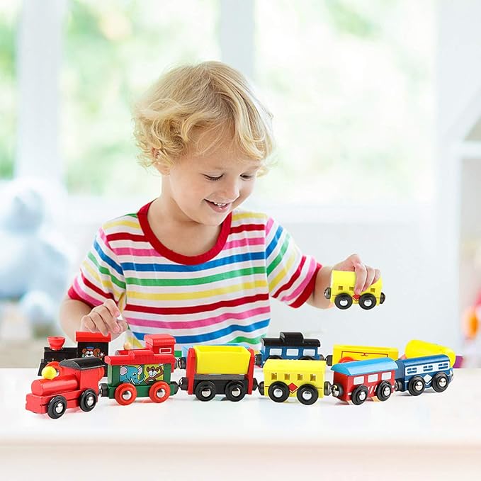 12 PCS Wooden Train Cars, Train Toys Magnetic Set Includes 3 Engines and Storage Bag, Toy Train Sets for Kids Toddler Boys and Girls, Compatible with Major Brands Train Tracks Set