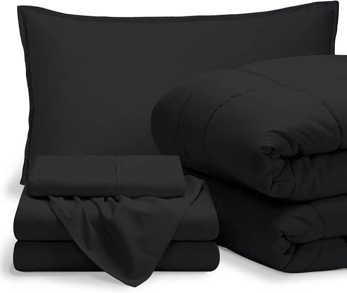 Bare Home Bed-in-A-Bag 5 Piece Comforter & Sheet Set - Twin XL - Goose Down Alternative - Ultra-Soft 1800 Premium Bed Set (Twin XL, Black/Black)