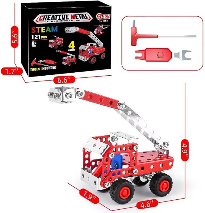 Ferthor Fun Stem Building Toys for Boys Age 8-12,Creative Sets Fire Trucks Series Model Kit,Assembly Toys for Kids,Metal Building Blocks for Model 4 in 1 Fire Fighting Cars(121PCS)