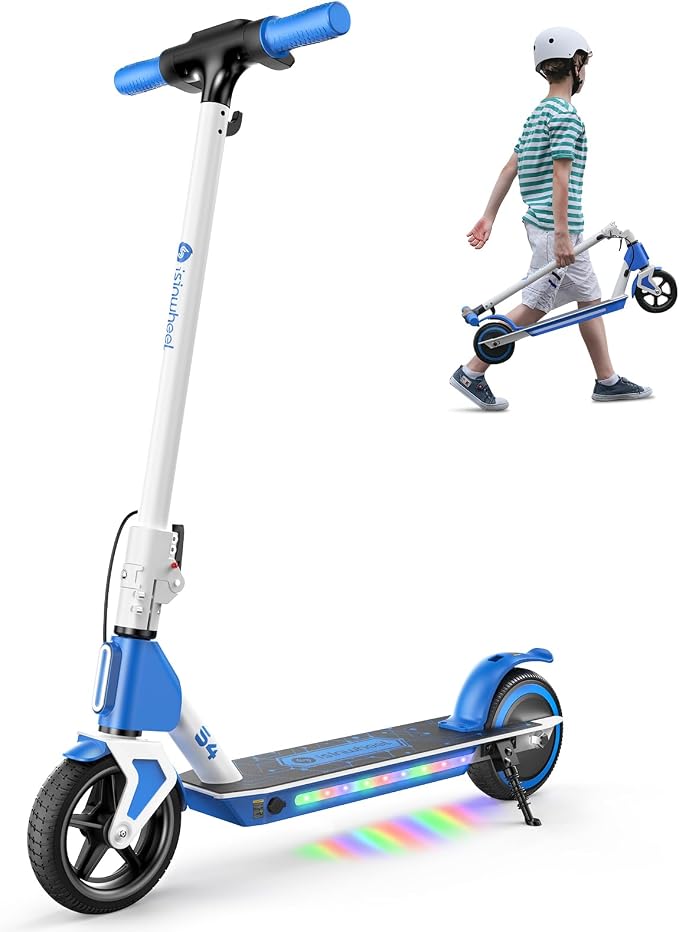 isinwheel S4 Electric Scooter for Kids Ages 6-14, 200W Foldable Kids Electric Scooter with 3 Speeds (5/8/12 Mph), LED Display, Colorful Lights, Gift for Kid