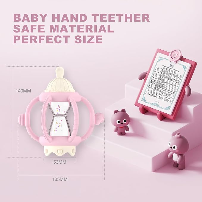 Silicone Teether Rattle Toy for Babies 0-12 Months Teething Relief | Montessori Sensory Teething Toy with Pacifier, Easy Grasp Handle for Infant Boys & Girls, Baby Must Haves
