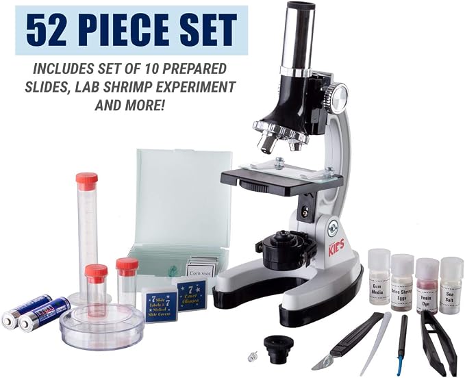 AmScope 1200X 52-pcs Kids Student Beginner Microscope Kit with Slides, LED Light, Storage Box and Book The World of the Microscope