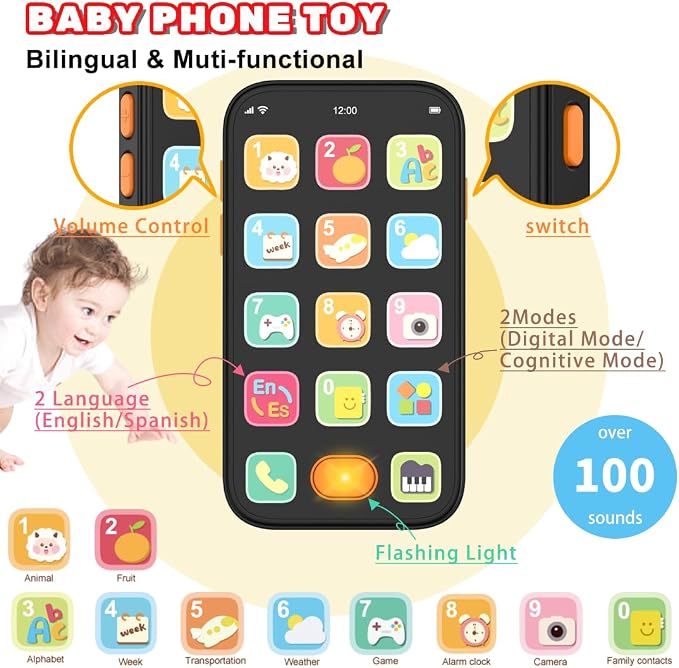 Toy Phone Baby Remote Control Toy Set, Play Phones TV Remote Control with Music Light for 6+ Months, Early Learning Baby Toys Gift for 1 Year Old Boys Girls Toddler Infant Kids, English/Spanish, Blue