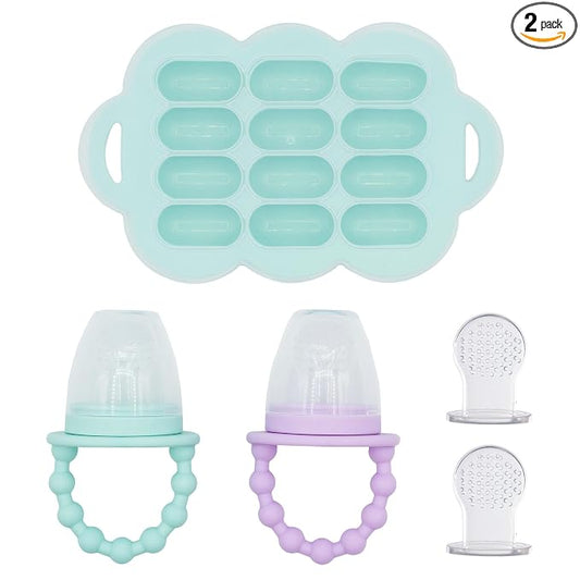 WeeSprout Silicone Baby Food Feeders + Freezer Tray for Batch Prep, Set of 2, Introduce New Foods Safely, Double as Teething Toys, Includes 2 Extra Pouches & Travel Lids, Dishwasher Safe