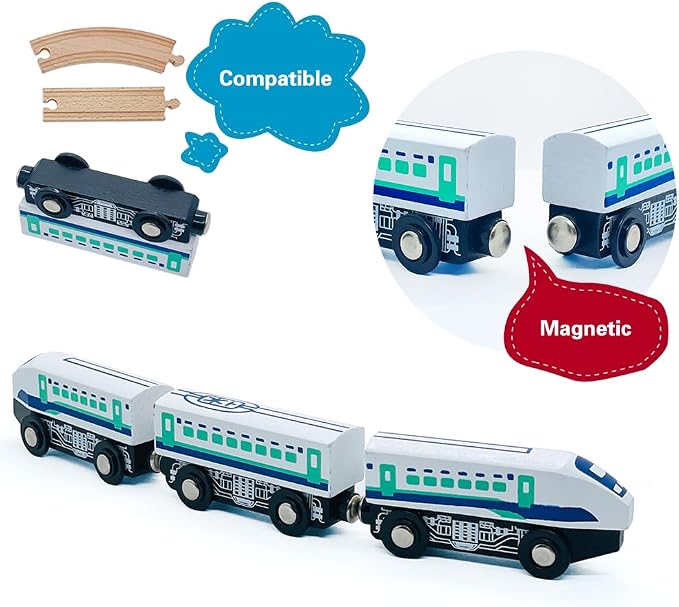 Wooden Bullet Train Cars Track Accessories Set High-Speed City Train Toys Fit for Wooden Train Track Railway for Boys and Girls (Bullet Train)